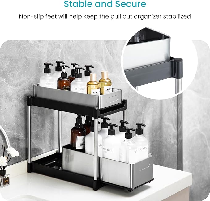 Home Zone Living 2-Tier Stainless Steel Cabinet Pull Out Organizer for Kitchen and Bathroom Storage