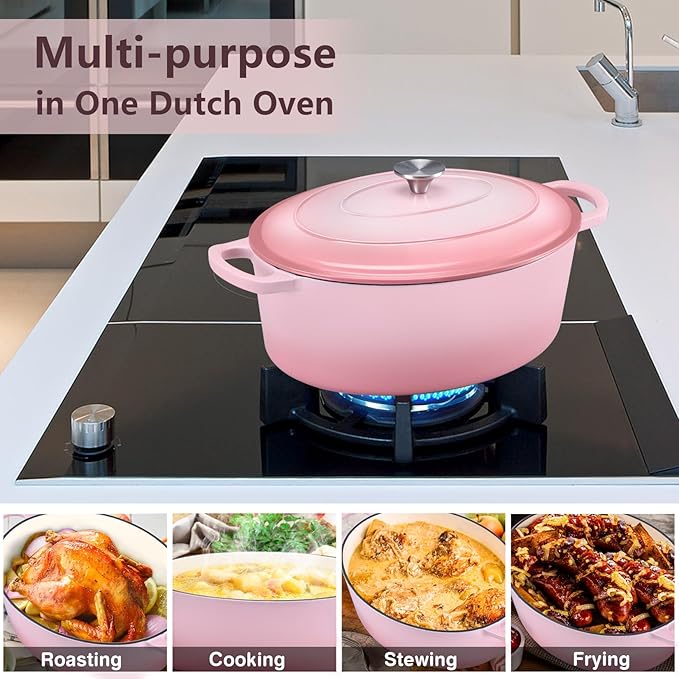 P&P CHEF Oval Dutch Oven with Lid, Enameled Cast Dutch Oven Pot for Bread Baking, Braising, Stewing, Roasting, Non-Stick & Oven Safe, Dual Handles & Easy Clean, 5QT & Pink, Valentine's Day
