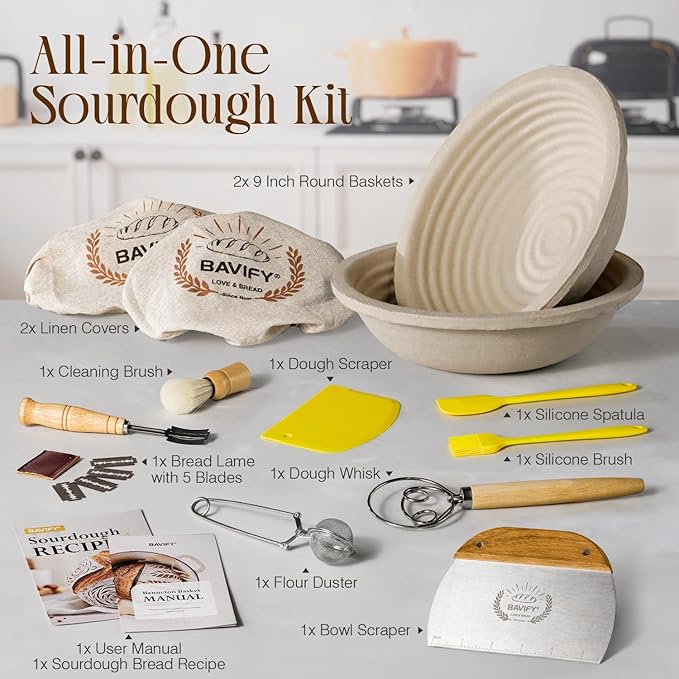 Sourdough Starter Kit, 9" Round 1KG Wood Pulp Banneton Bread Proofing Baskets Set, Sourdough Bread Baking Supplies Making Tools with Dough Scraper, Whisk, Bread Lame, Recipe