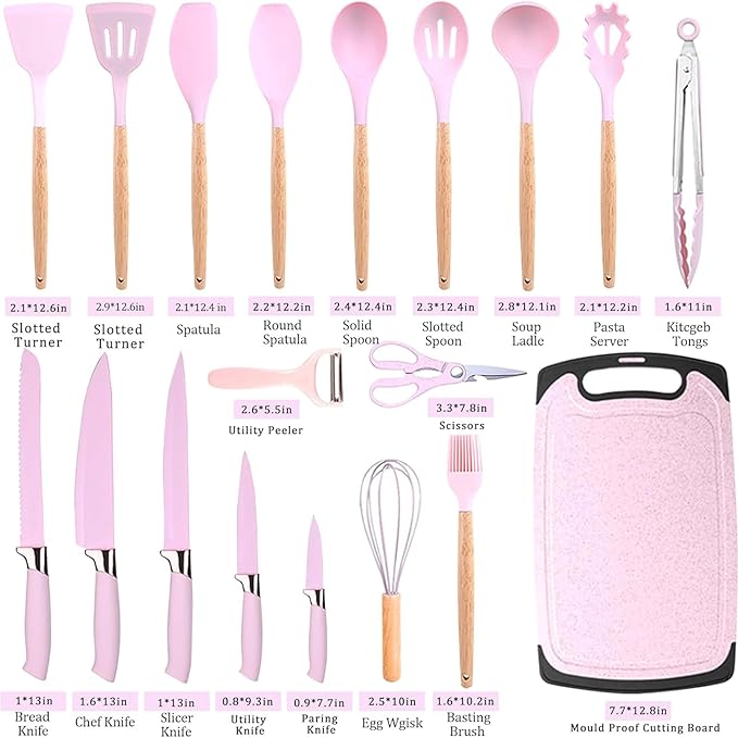 Kitchen Utensil Set,20 Pieces Kitchen Stainless Steel Knives Set Silicone Cooking Utensil with Wooden Handles,Home Kitchenware Accessories Cookware with Stand Block (Pink)
