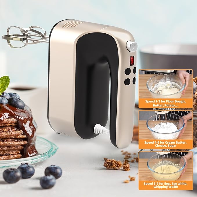 9-Speed Digital Hand Mixer Electric, 400W Powerful DC Motor, Hand Mixer Electric Handheld with Snap-On Storage Case, 5 Stainless Steel Accessories, Beaters, Dough Hooks, Whisk(Champagne Gold)