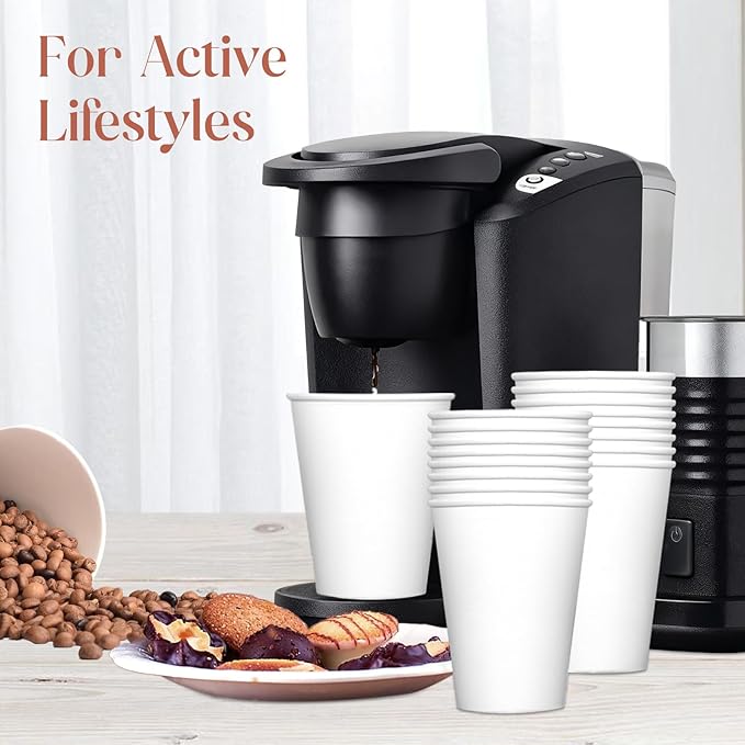 50 Pack 12 oz Compostable Coffee Cups with Lids and Straws, Biodegradable PLA Paper Cups, Eco-Friendly Disposable To Go Cups for Hot and Cold Drinks, White Bulk Cups for Office, Party, Travel