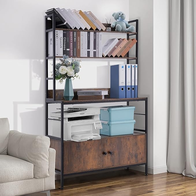 5-Tier Kitchen Baker’s Rack with Storage,Large Bakers Rack with Cabinet, Heavy Duty Oven Stand Microwave,Free Standing Kitchen Utility Shelf with Storage,Spice Rack with Hooks