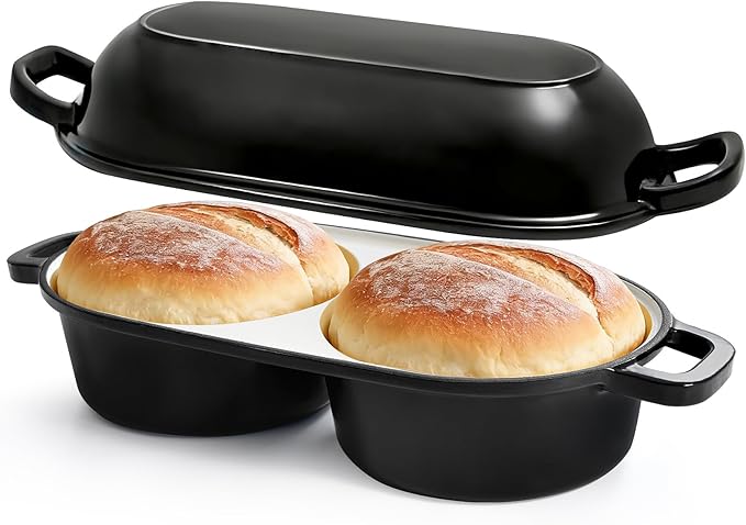 Double Dutch Oven for Sourdough Bread Baking, Enamelled Cast Iron Bread Loaf Pot with Lid, Double Round Loaf Space, 16.5cm Diameter, Mini Double Dutch Oven for Homemade Baking