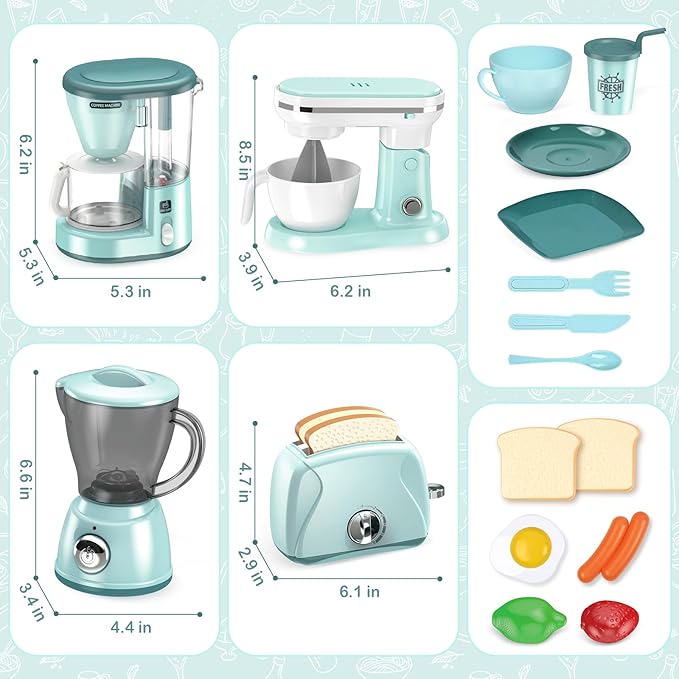 Shemira Play Kitchen Accessories, Play Kitchen Appliances Toy Set with Coffee Maker, Blender, Mixer, Toaster, Kids Kitchen Playset, Toys for 3 4 5 6 7 8 Year Old Girls, Birthday Gifts for Girls