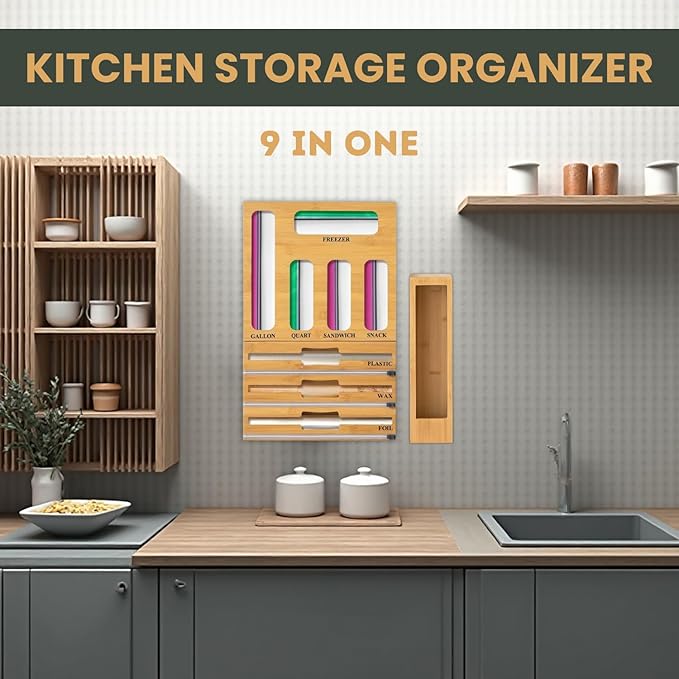 9-in-1 Bamboo Kitchen Drawer Organizer with Cutter – Storage Box for Foil, Plastic Wrap, and Bag Dispenser Compatible with Gallon, Quart, Sandwich & Snack Sizes
