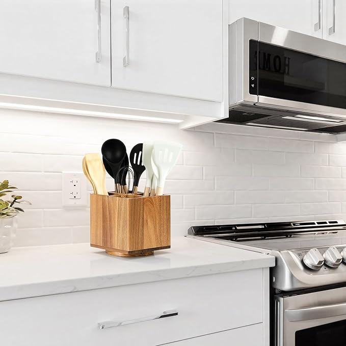 Acacia Wood Extra Large Rotating Utensil Holder for Kitchen Counter, Wooden Utensil Holder with 4 Compartments