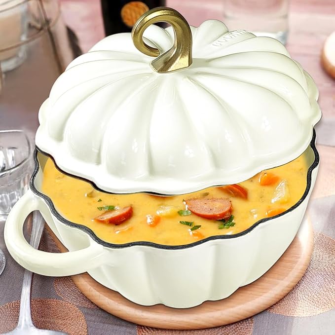 Pumpkin Cast Iron Dutch Oven with Lid, 4.5 QT Heavy-Duty Enameled Pot with Dual Handles, Serves 3-5, Oven Safe for Bread Baking, Braising, Cooking and Family Gifts, White
