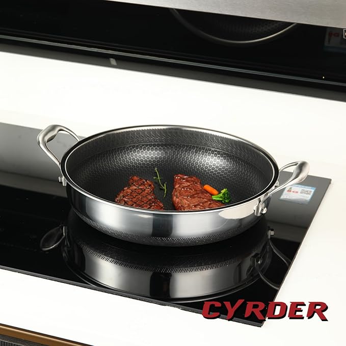 Large Hybrid Nonstick Deep Frying Pan-13inch 316L Stainless Steel Sauté Pan and Lid, Two Handle Hold, PFOA Free, Dishwasher Oven Safe, Cookware to Stir fry/Toast/Roast/Bake/Stew, 7.2-Quart