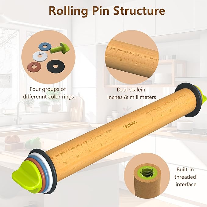 Rolling Pin with Adjustable Thickness Ring, Dough Thickness for Baking, Fondant, Pizza, Crust, Cookies, Pastry, 13.6'' Wooden Rolling Pin with 4 Multi-Color Thickness Rings