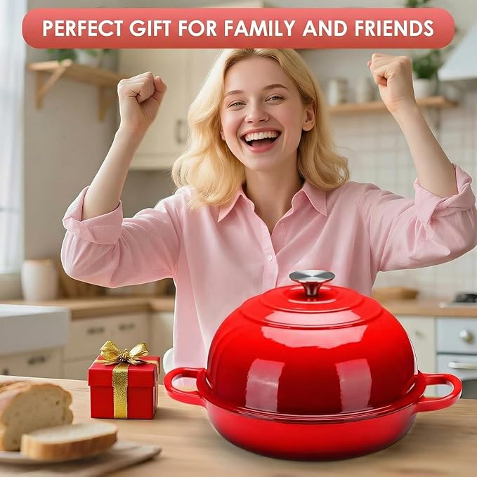 LIFERUN 6qt Enameled Cast Iron Dutch Oven for Sourdough Bread Baking, Non-Stick Dome-Shaped Bread Oven Pot with Lid, Silicone Handles and Scraper, Red