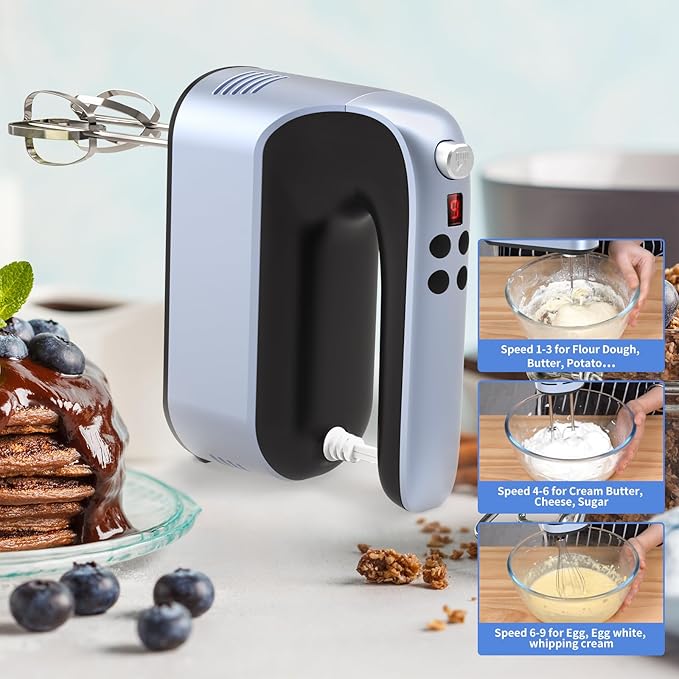 9-Speed Digital Hand Mixer Electric, 400W Powerful DC Motor, Hand Mixer Electric Handheld with Snap-On Storage Case, 5 Stainless Steel Accessories, Beaters, Dough Hooks, Whisk(Ocean Blue)