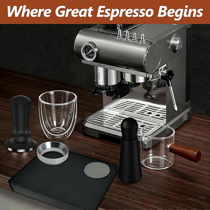 7 Pcs 51mm Espresso Accessories Kit, Spring Loaded Calibrated Tamper, WDT Tool, Coffee Measuring & Espresso Cup and Tamper Mat, Puck Screenr & Dosing Funnel, 51mm Espresso Machine Accessories