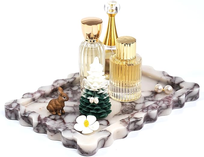 Scalloped Vanity Marble Tray - Large Home Decorative Stone Perfume Candle Plates for Bathroom Accessories Coffee Table Bar, Luxury Antique Key Dish for Kitchen Countertop (10.6" x 7.4" x 0.8")