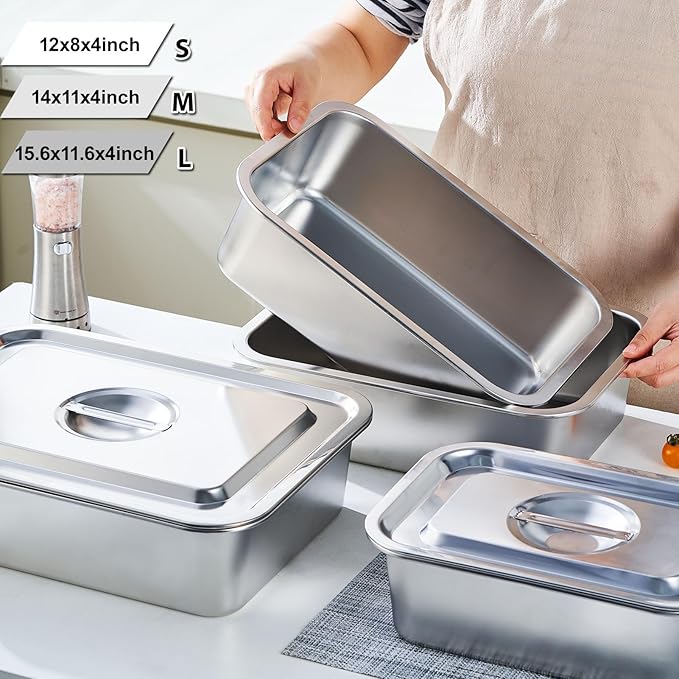 4-Piece 4 Inch Extra Deep Lasagna Pan with Lid, 11.6x15.6 Inch 9.2QT Large Stainless Steel Nonstick Lasagna Baking Roasting Dish Pan for Oven(L, 2 Pack)