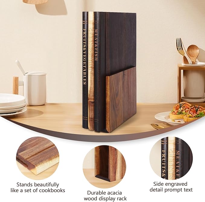 Book Cutting Board Set of 3 With Stand, Solid Acacia Cutting Boards That Look Like Books, Decorative Cutting Board Book Set for Kitchen, Unique Book Cutting Boards Gift