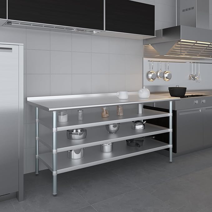 AmGood Stainless Steel Work Table with 1.5" Backsplash and 3 Shelves | Metal Kitchen Food Prep Table | NSF (72" Long x 30" Deep)