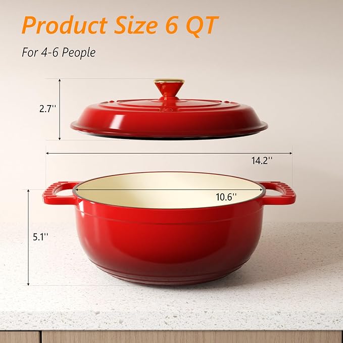 ROVSUN Enameled Cast Iron Round Dutch Oven, 6QT Pot with Lid &Dual Handles with Silicone Gloves,Oven Safe up to 500°F, Heavy-Duty Pre-Seasoned Cookware for Bread Baking, Braising, Stews, Roasting, Red