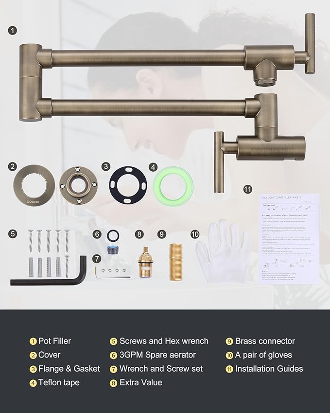 Pot Filler Faucet Green Bronze, WOWOW Brass Pot Filler Wall Mount Kitchen Stove Faucet with Double Joint Swing Arms
