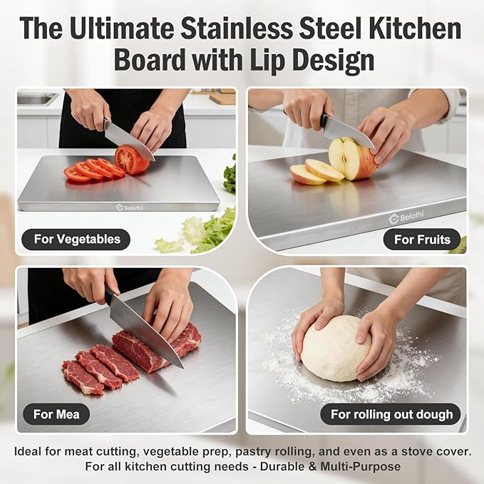 Stainless Steel Cutting Board for Kitchen with Lip, Large Metal Chopping Board with Counter Edge, Dishwasher Safe Non-Slip Pastry Board for Meat Vegetables & Baking(18x14)