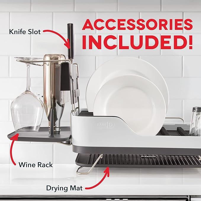 DASH SmartStore™ Full Size Dish Rack – Plates, Cups, Utensil Holder, Knife Slot, Drainage Spout + Drying Mat – White