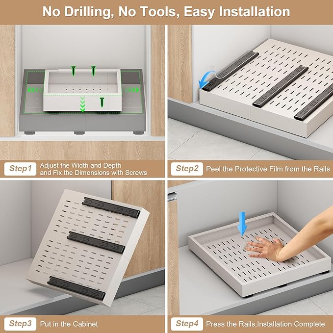 Pull out Cabinet Organizer,Width (16"-21") and Depth (13"-17") Expandable With 3 Rails,No Drill Adjustable Slide out Drawers for Kitchen,Pantry,Adhesive Roll out Shelves,for Cabinets Without Lip,White