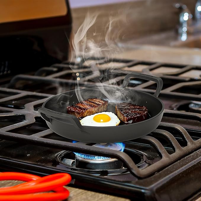onlyfire Pre-Seasoned Cast Iron Skillet, Round Frying Pan with Nonstick Grill Surface and Dual Handles, 10 Inch Cast Iron Pan - Compatible With All Stovetops - Oven Safe & Rust Resistant
