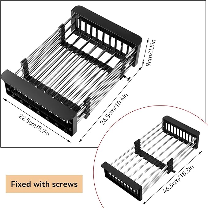 Cyrank Over The Sink Dish Drying Rack, Expandable Over Sink Grill Telescopic Drain Basket Kitchen Rack Drain Basket Sink Drying Rack(L#Black)