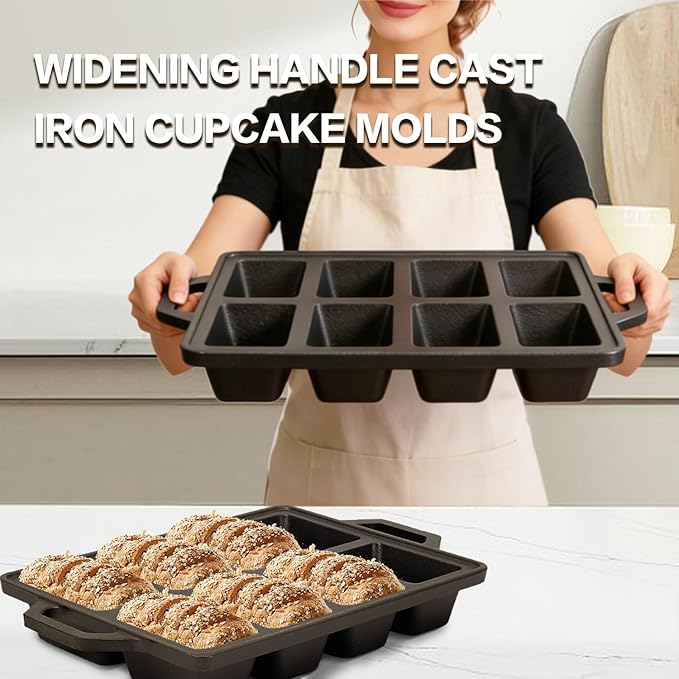 2pack Cast Iron Mini Loaf Pans 8-Cavity Bread Loaf Pans Pre-Seasoned Baking Pan Molds with Handle Bread Pans for Homemade Bread