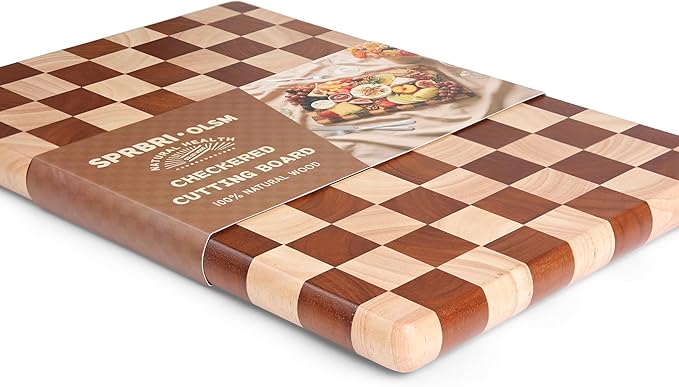 Checkered Cutting Board for Kitchen, 16"L x 11"W x 1"Th – Wooden Chopping, Cheese & Charcuterie Board in Acacia Wood, Butcher Block Serving Tray for Meat, Fruit, Bread & Vegetables