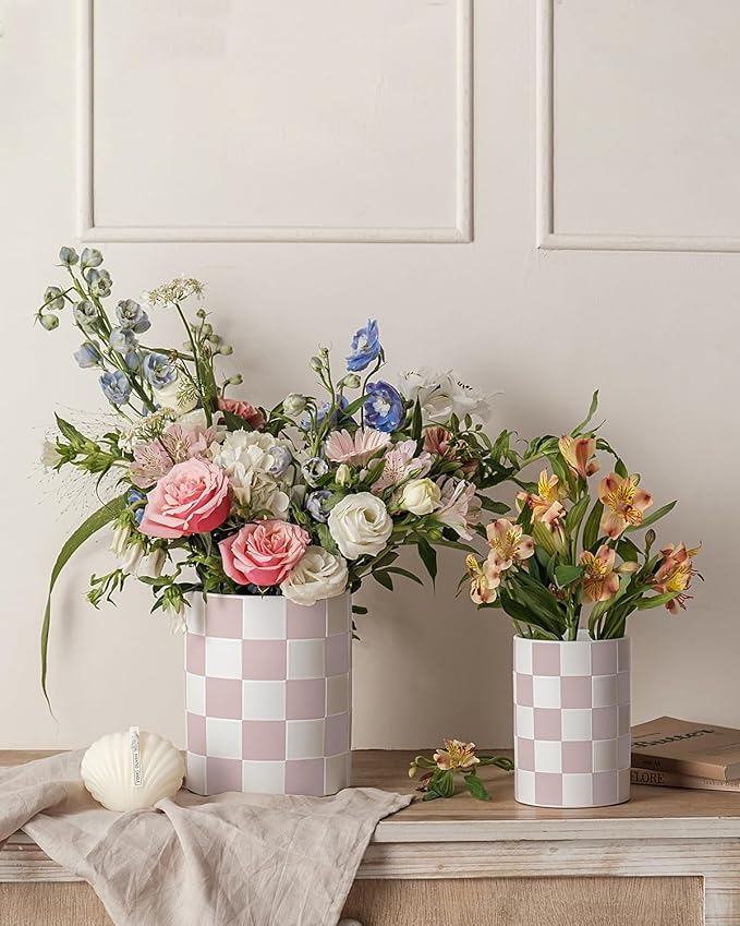 Utensil Holder,7.1"+5.8" Ceramic Kitchen Utensil Holder for Counter top, Checkered Cooking for Spatula & Spoon, Kitchen Decor, Set of 2 (Purplish-pink Checkered)
