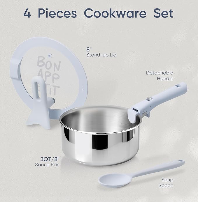 CAROTE 3QT Stainless Steel Sauce Pan with Stand-Up Lid, Tri-ply Stainless Steel Pot with Detachable Stay-Cool Handle, Non-Toxic Kitchen Saucepans, Induction Kitchen Cookware, Oven Safe to 600°F