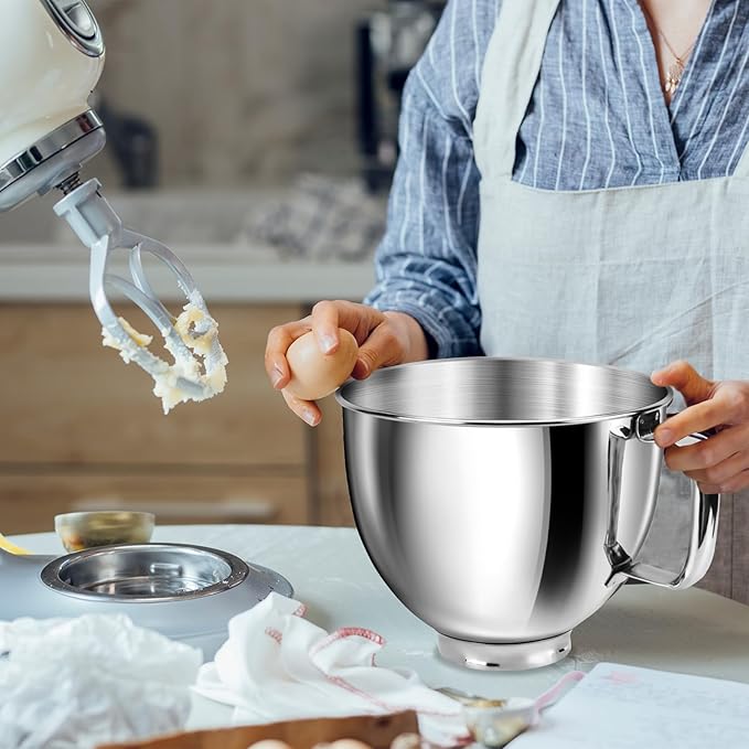 5 Quart Mixing Bowl for KitchenAid Stand Mixers, Food-Grade Stainless Steel Bowl with Handle & Clasp, Compatible with Tilt-Head 4.5–5 Qt Models – Fits K45, K45SS, KSM75, KSM150, KSM95