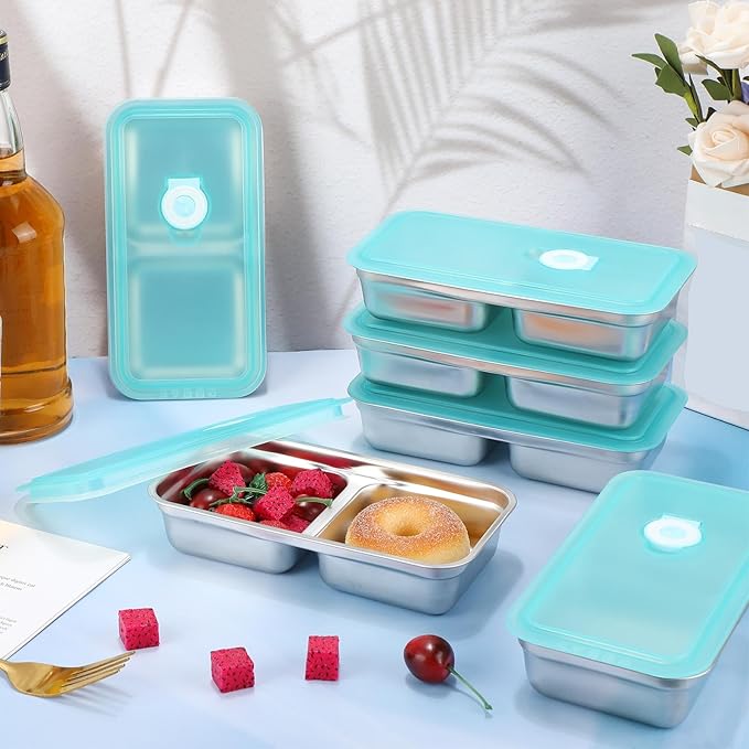 6 Pcs Stainless Steel Snack Containers 30 oz 2-compartment Meal Prep Containers Reusable Metal Divided Bento Box with Silicone Lids Leakproof Lunch Box Dishwasher Safe (Blue)