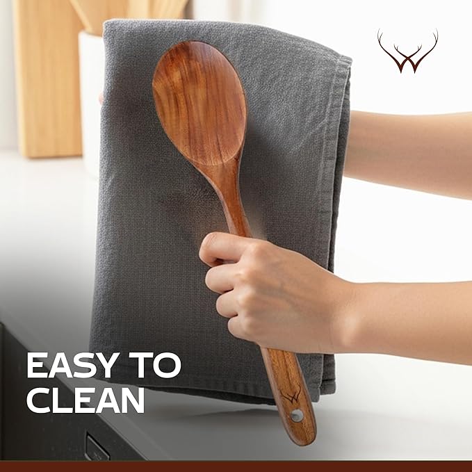 Premium Teak Wooden Spoon for Cooking with Large Spoon Rest - 12" Long Handle, Essential Wood Utensil Set for Kitchen & Perfect for Gifts