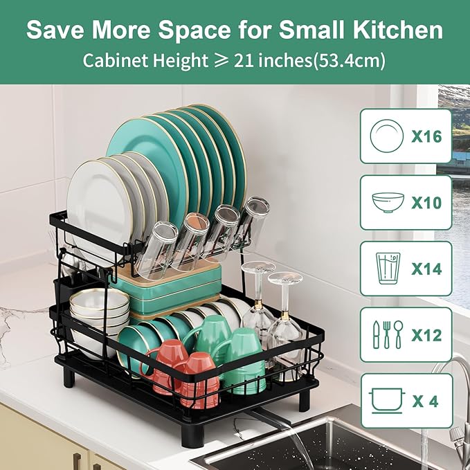 MOUKABAL 2-Tier Kitchen Dish Drying Rack with Removable Utensil Holder, Large Capacity Drying Rack with Drainboard for Kitchen Sink Counter (Black, Metal)