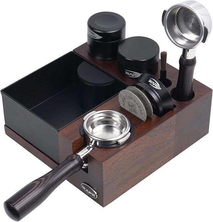 IKAPE V5 Espresso Knock Box, Espresso Coffee Organizer Box Fit for Storage 51, 54, 58MM Espresso Tamper, Distributor, Portafilter & Puck Screen Accessories, Natural Walnut Station Base(9 IN One)