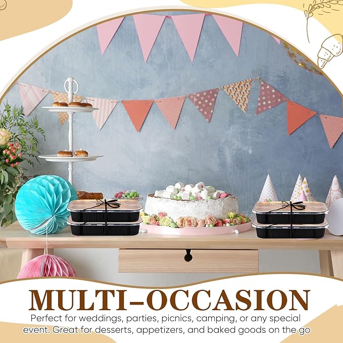 20 Sets 9 x 13 Inch large Loaf Cake Pans with Lids and Spoons Rectangle Aluminum Foil Bread Loaf Baking Pans Disposable big Cake Tins with Clear Plastic Bags and Ribbon, Black Gold, 118.3 oz