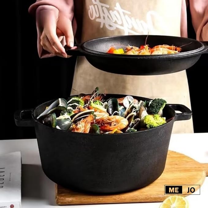 ME JO 6qt Cast Iron Dutch Oven with Multi-Functional Cast Iron Skillet Lid โ Heavy-Duty Casserole Dish with Lid for Bread Making, Roasting to Frying | 4.8L Capacity | Pre-Seasoned, Hob and Oven Safe