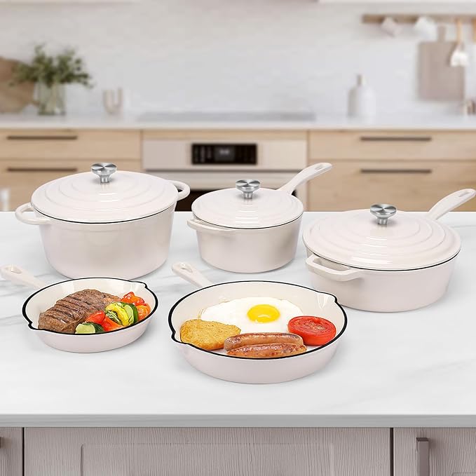 QuliMetal Nonstick Enameled Cast Iron Cookware Set, 5 Pcs Pots and Pans with Lid, Skillet, Frying Pan, Saucepan & Dutch Oven for All Stovetops, PFA Free - Ideal for Sourdough Bread Baking