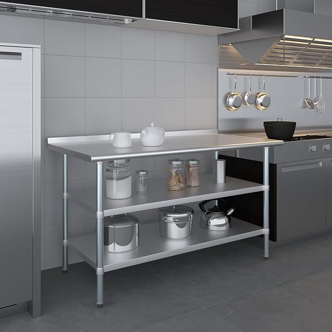 AmGood Stainless Steel Work Table with 1.5" Backsplash and 2 Shelves | Metal Kitchen Food Prep Table | NSF (60" Long x 30" Deep)