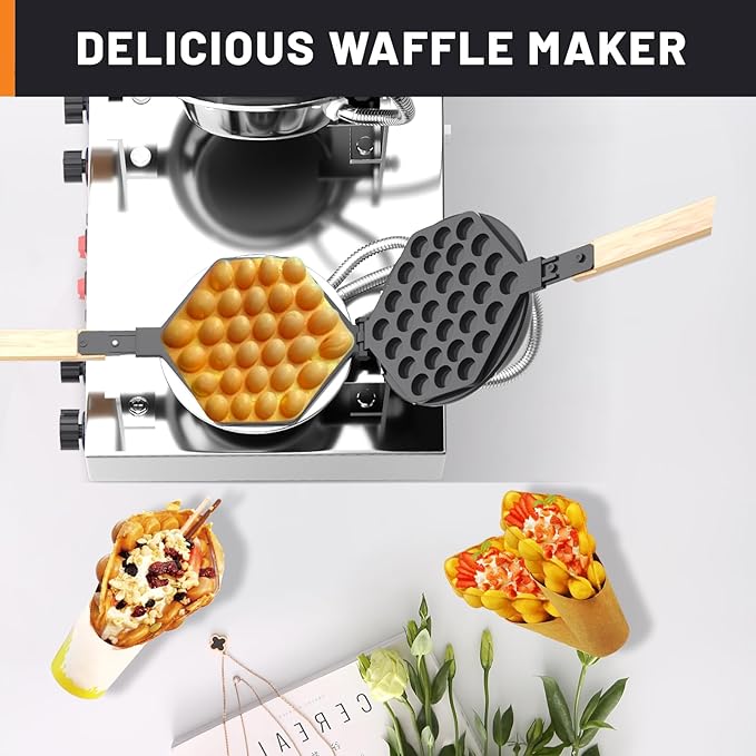 Bubble Waffle Maker - Commercial Egg Waffle Maker w/Two Non-stick Baking Pans, Temperature and Timers, 2800W Professional Bubble Waffle Machine for Double Baking, Hong Kong Egg Waffle Iron