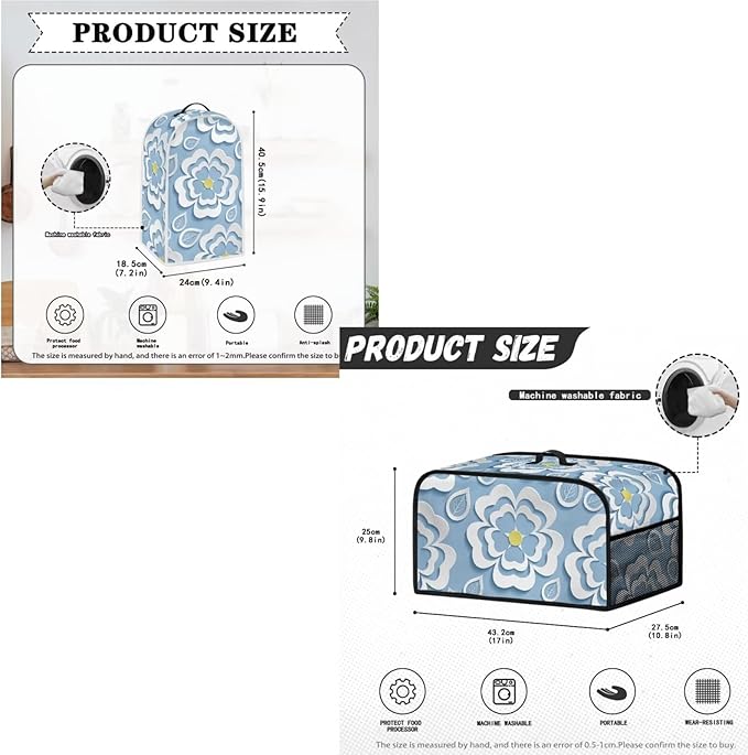 Blue Floral 4 Slice Toaster Cover Set, Bread Toaster, Blender and Slow Cooker Dust and Fingerprint Protection, Machine Washable Kitchen Decor
