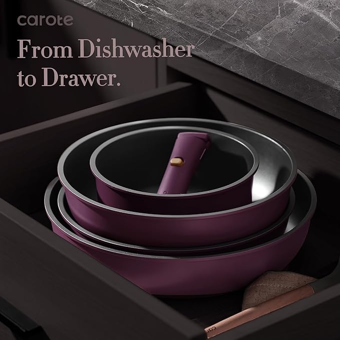 CAROTE 21pcs Pots and Pans Set, Nonstick Cookware Set Detachable Handle, Induction Kitchen Cookware Sets Non Stick with Removable Handle, RV Cookware Set, Gold and Purple