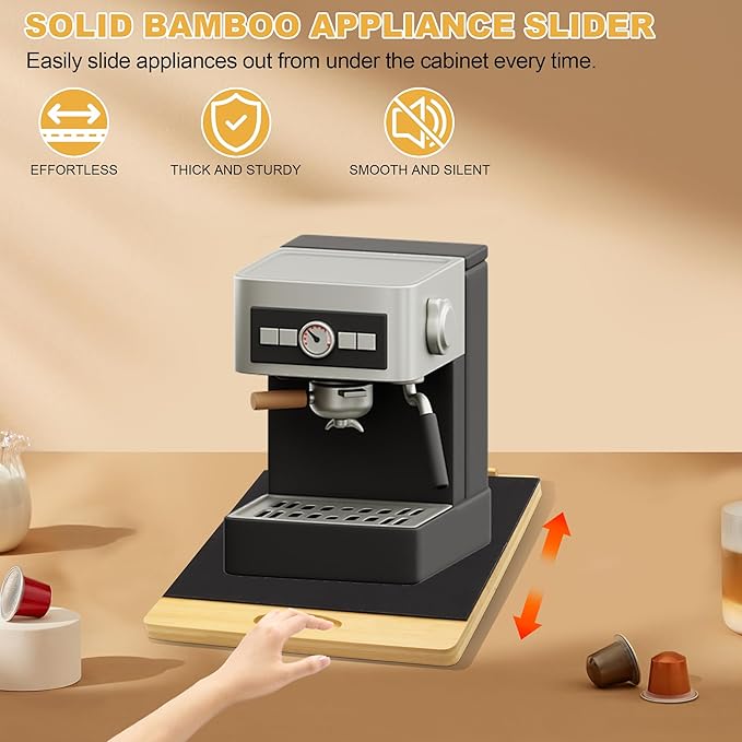 MinBoo Bamboo Appliance Slider,Sliding Tray for Coffee Maker, Kitchen Countertop Appliance Rolling Tray,Slides Easily from Under The Cabinet,Wide - Small (12" Wx10 D)