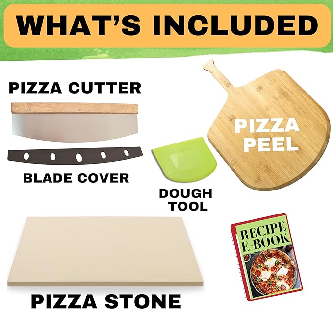 Large Pizza Stone for Oven 20 inch - Pizza Making Kit - Rectangular Pizza Stone for Grill and Wooden Pizza Peel, Dough Tool & Pizza Cutter Set - Baking Stone 20" x 13.5"