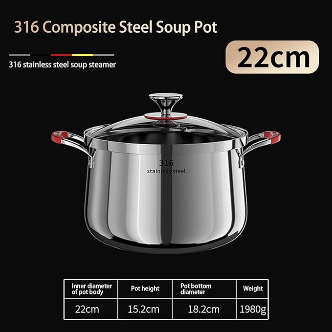 5 Qt Stainless Steel Stock Pot, Fast Heating 316 Thickened Clad with Glass Lid, Induction Gas Electric Ceramic Halogen Compatible Stew Pot (1 Tier, 22cm)