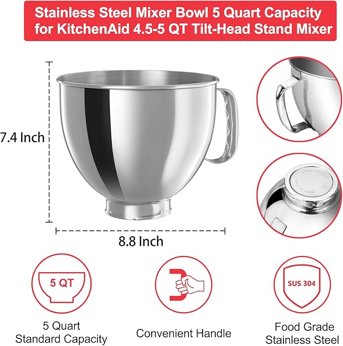 Stainless Steel Bowl for KitchenAid Classic&Artisan Series 4.5-5 QT Tilt-Head Mixer, 5 Quart 304 Stainless Steel Bowl with Handle, Dishwasher Safe