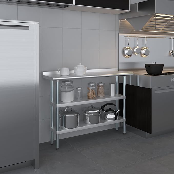 AmGood Stainless Steel Work Table with 1.5" Backsplash and 2 Shelves | Metal Kitchen Food Prep Table | NSF (48" Long x 14" Deep)