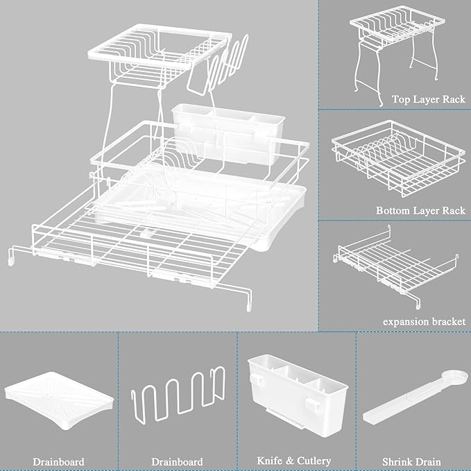 2 Tier Dish Drying Rack, Large Extendable Dish Racks for Kitchen Counter or Over Sink, Dishrack with Drainboard, 2-in-1 Anti-Rust Stainless Steel Dish Drainer with Utensil Holder & Cup Holder (white)